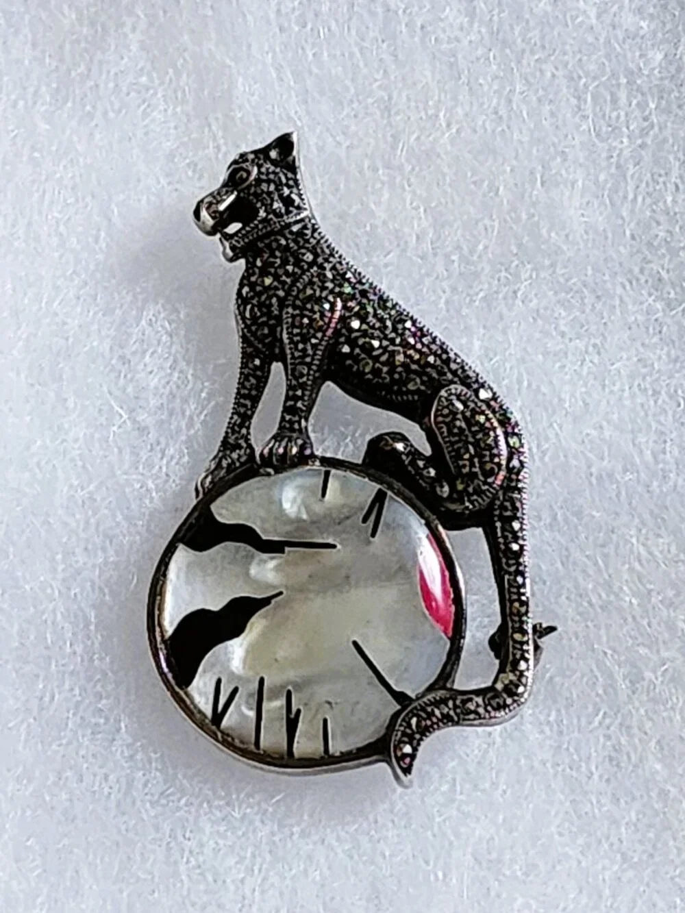 VTG 1980s Art Deco Sterling Silver Marcasite Panther Mother of Pearl Brooch 925